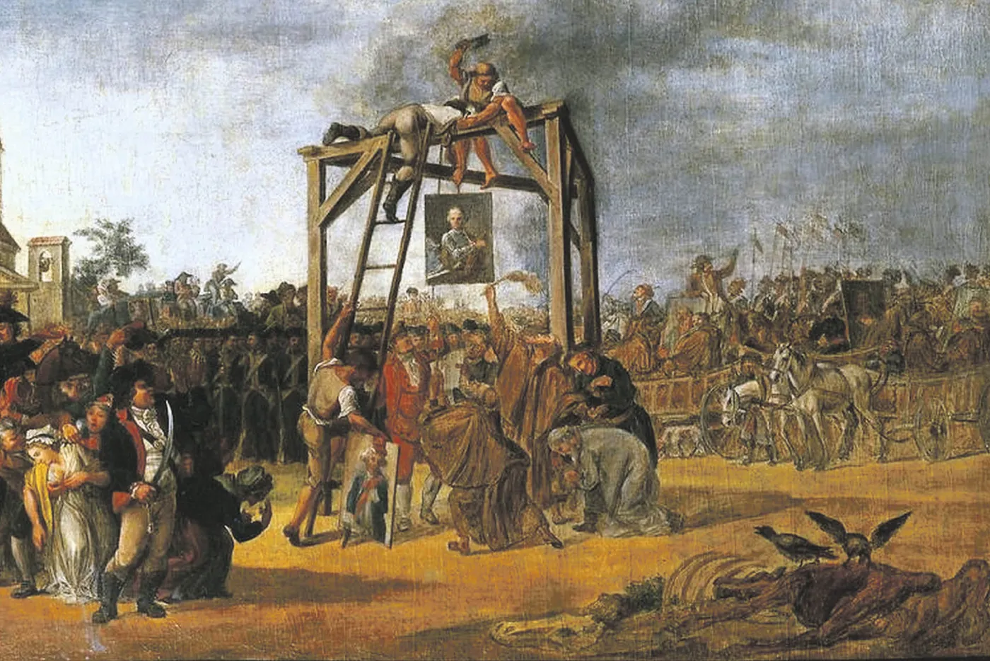 „Wieszanie zdrajców”, obraz Jana Piotra Norblina, 1794 r. Na szubienicy zawisły malarskie portrety przywódców konfederacji targowickiej