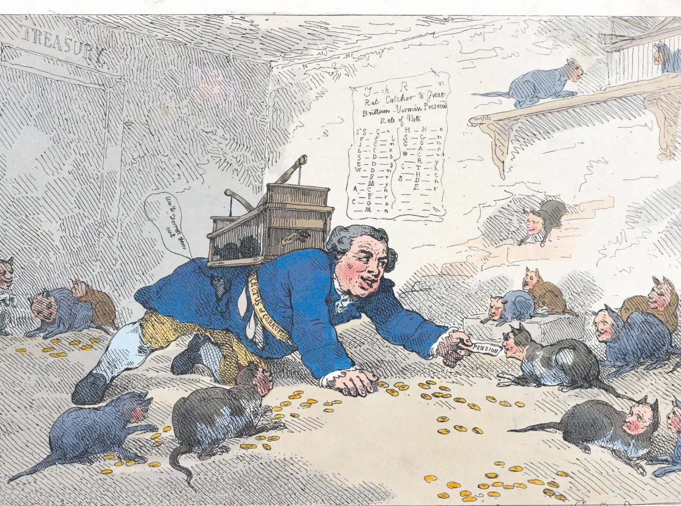 Sekretarz skarbu John „Jack” Robinson jako polityczny szczurołap. Akwaforta karykaturzysty Thomasa Rowlandsona, 1784 r.