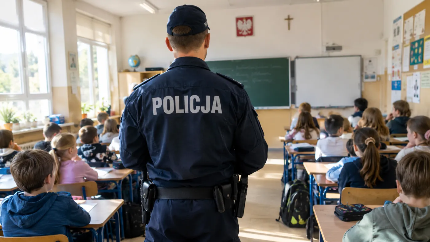 Policjant w sali szkolnej