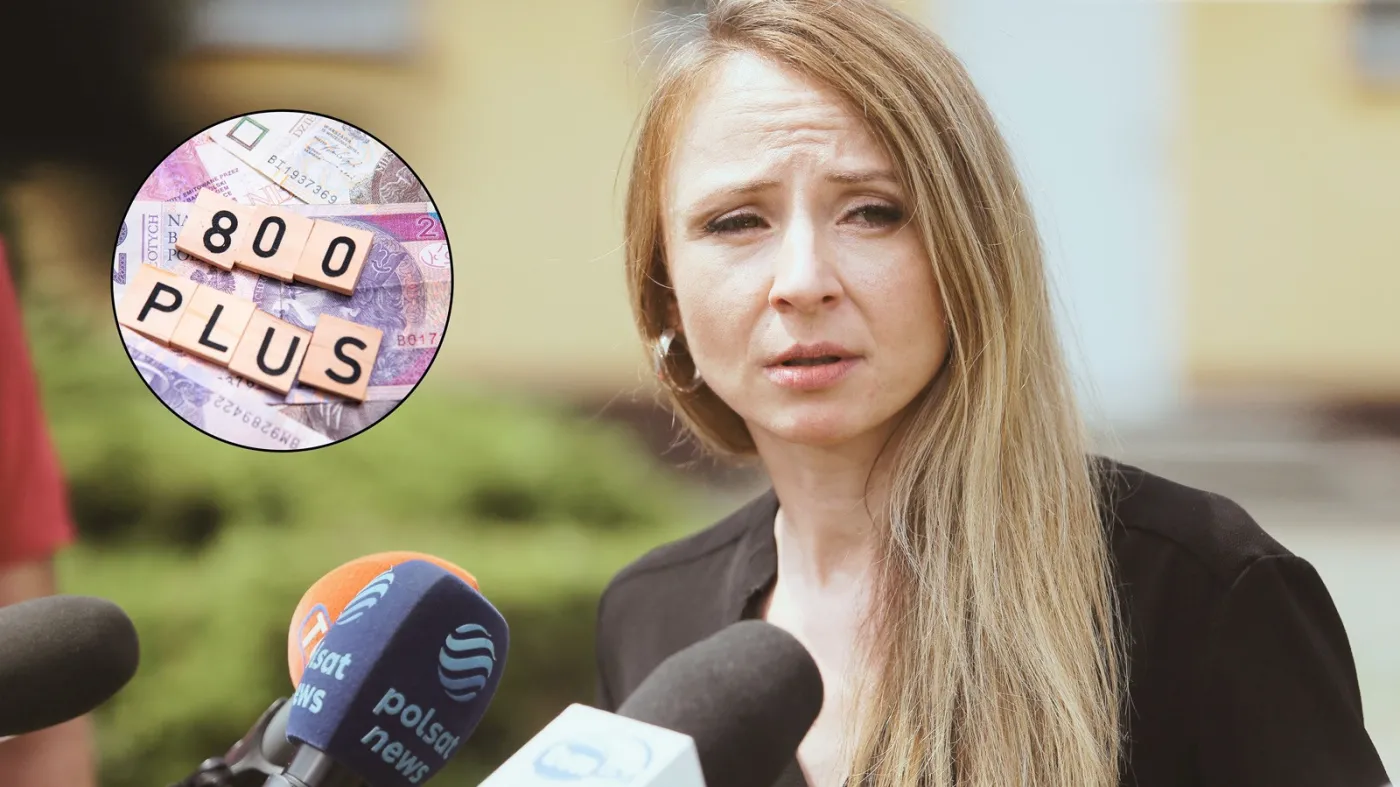 Agnieszka Dziemianowicz-Bąk oraz miniaturka pieniędzy z napisem "800 plus"