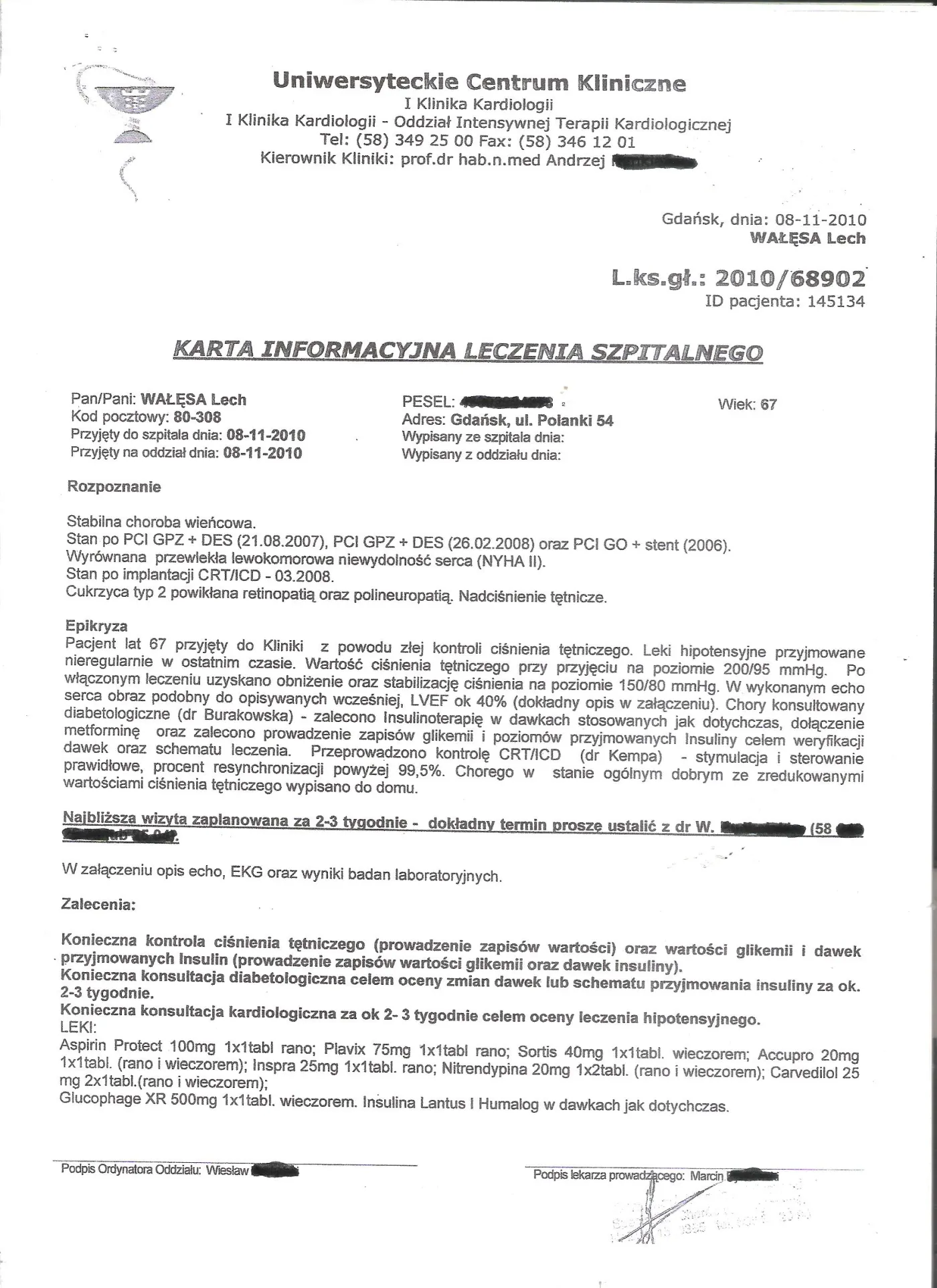 Karta informacyjna ostatniego leczenia szpitalnego Lecha Wałęsy. Źródło: Profil Lecha Wałęsy na Blipie