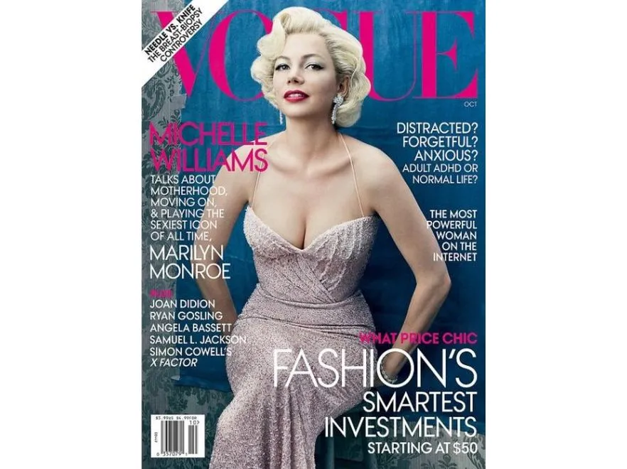Michelle Williams jako Marilyn Monroe w obiektywie Annie Leibovitz na okładce amerykańskiej edycji „Vogue”. Źródło: Vogue 