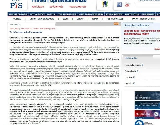 Artykuł na stronie internetowej PiS
