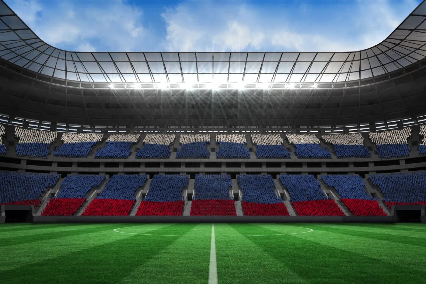 Stadion z flagą rosyjską na trybunach