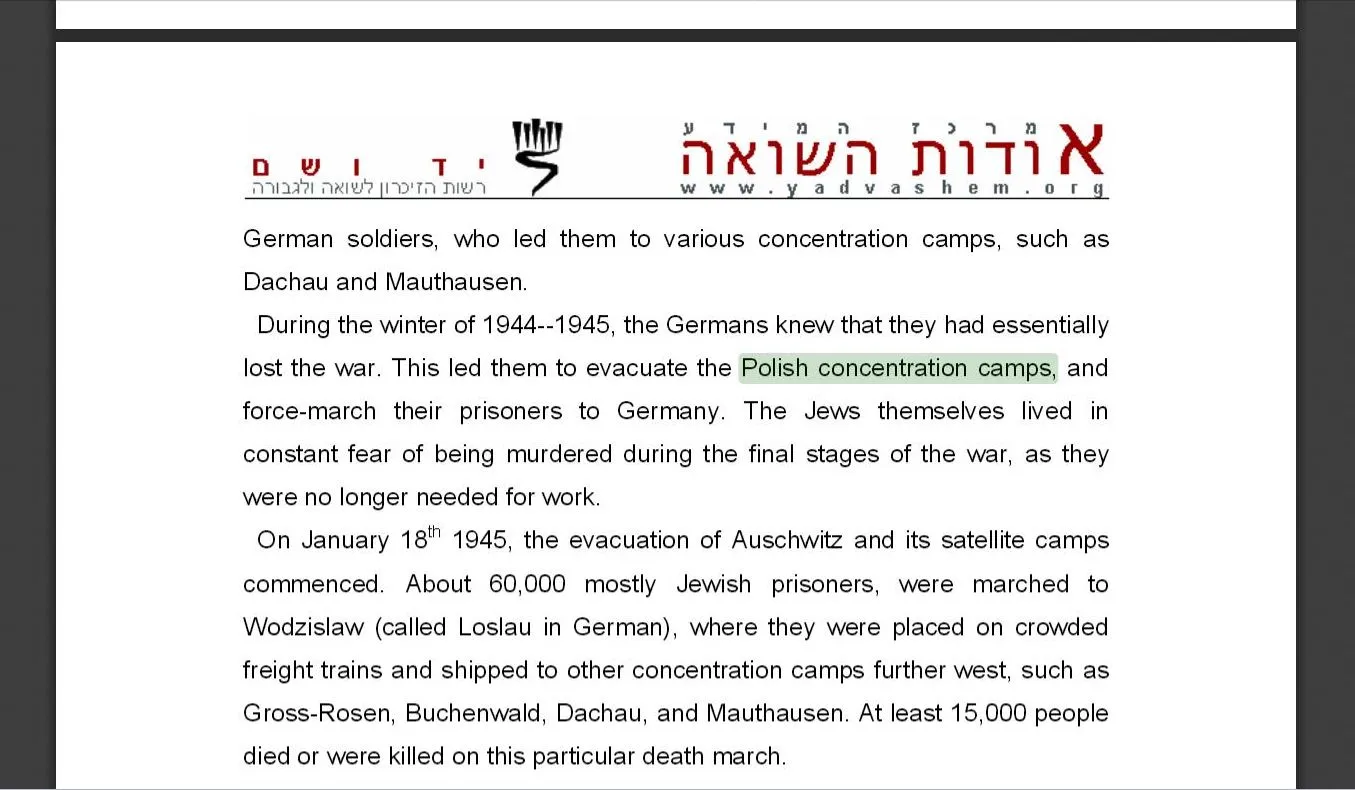 Informacje ze strony Yad Vashem i "polskie obozy koncentracyjne" (źródło: yadvashem.org)