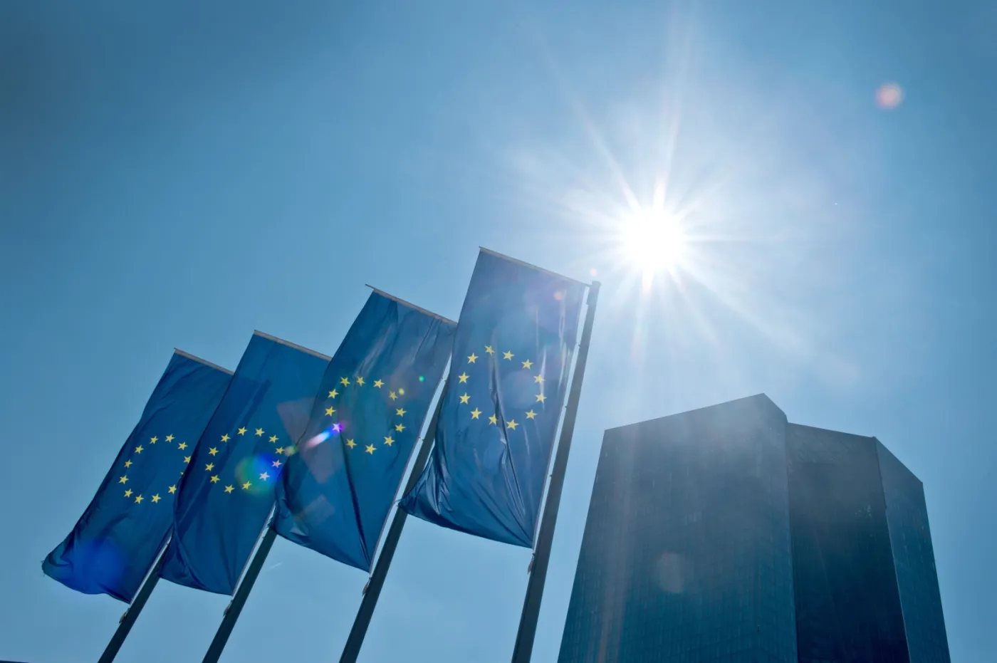 Flagi Unii Europejskiej na tle Europejskiego Banku Centralnego