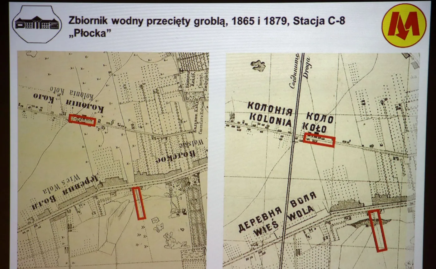 Wyświetlany na telebimie układ fortyfikacji z września 1831 r. w okolicach powstających stacji metra "Księcia Janusza" i "Młynów