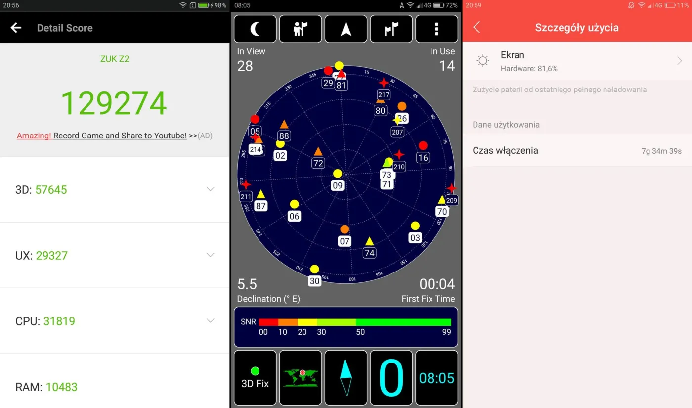 AnTuTu Benchmark, GPS, czas pracy na baterii