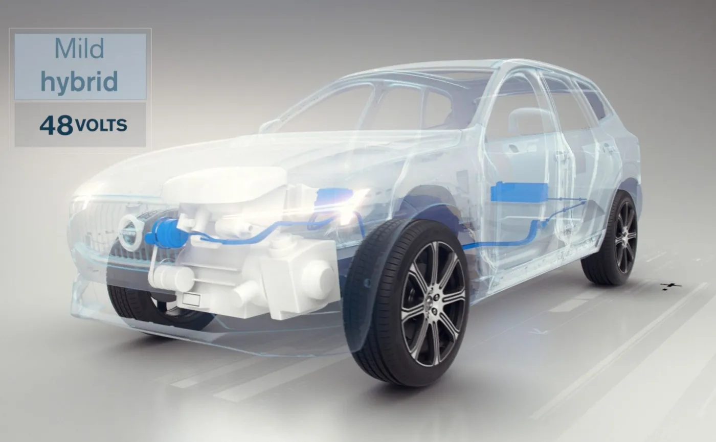 Volvo z napędem mild hybrid i instalacją 48V. W przypadku, gdy moc silnika elektrycznego jest znacząco niższa od mocy silnika spalinowego i pełni on wyłącznie rolę wspomagającą, nie umożliwiając jazdy z napędem wyłącznie elektrycznym, używa się określenia mild hybrid 