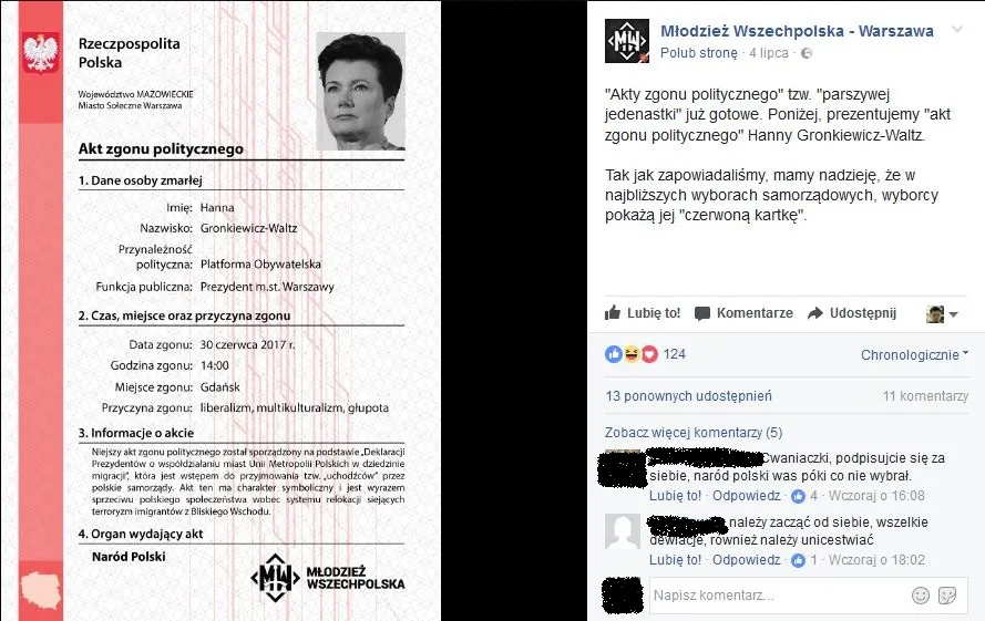 Akt zgonu politycznego wystawiony przez Młodzież Wszechpolską - Hanna Gronkiewicz-Waltz