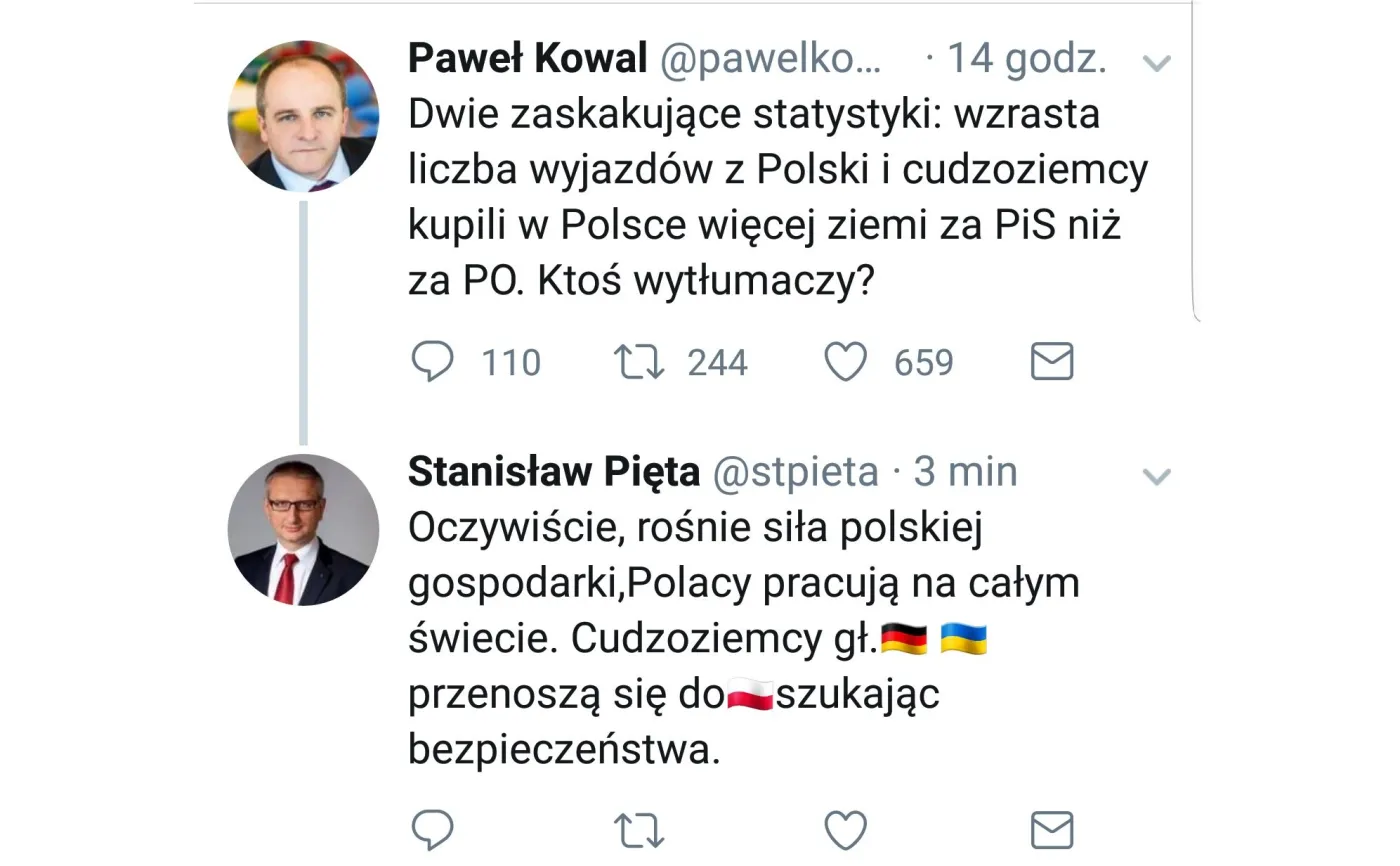 Twitterowa rozmowa mędzy posłem Piętą a Pawłem Kowalem