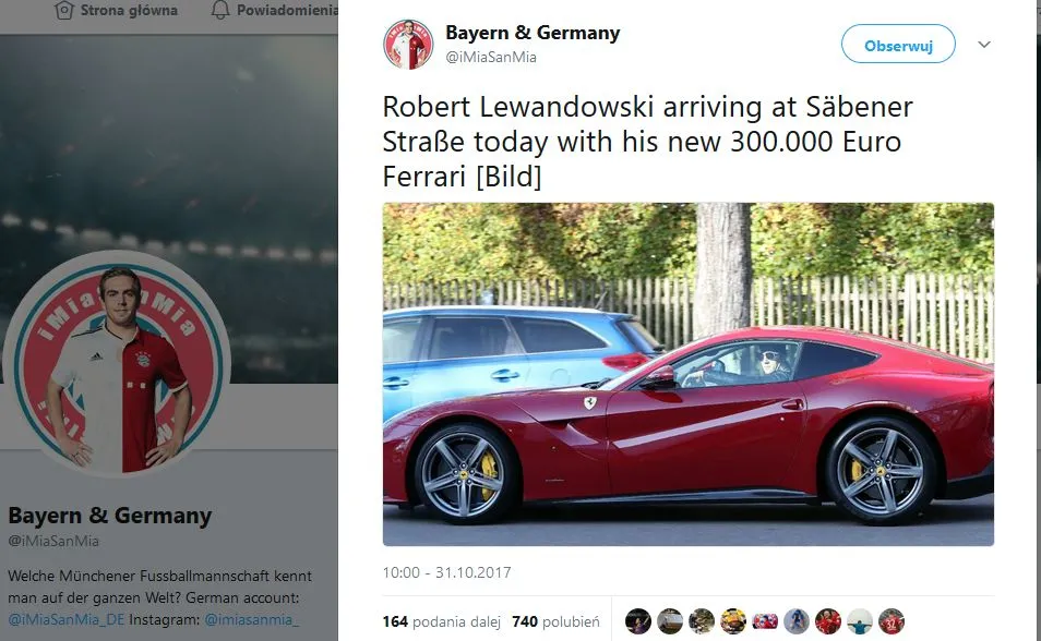 Robert Lewandowski i samochód Ferrari F12 Berlinetta