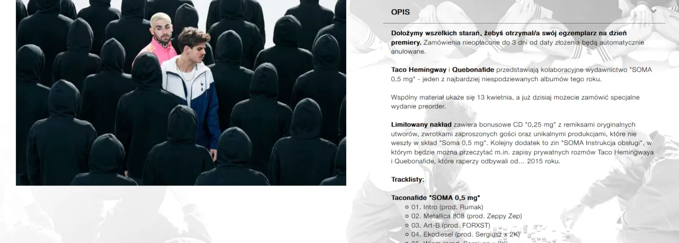 Zrut ekranu - strona zamówienia płyty Taconafide