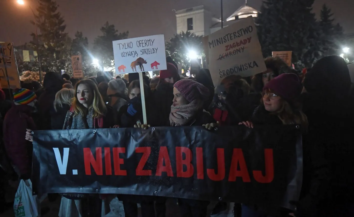Demonstracja zorganizowana przez Partię Zieloni "Żubry, dziki nie do odstrzału, ministrowie do dymisji!"