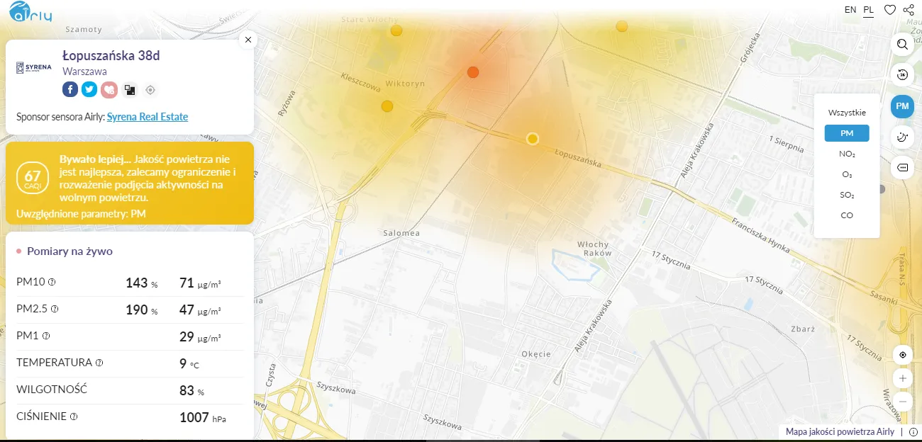 Mapa zanieczyszczenia powietrza nad Warszawą