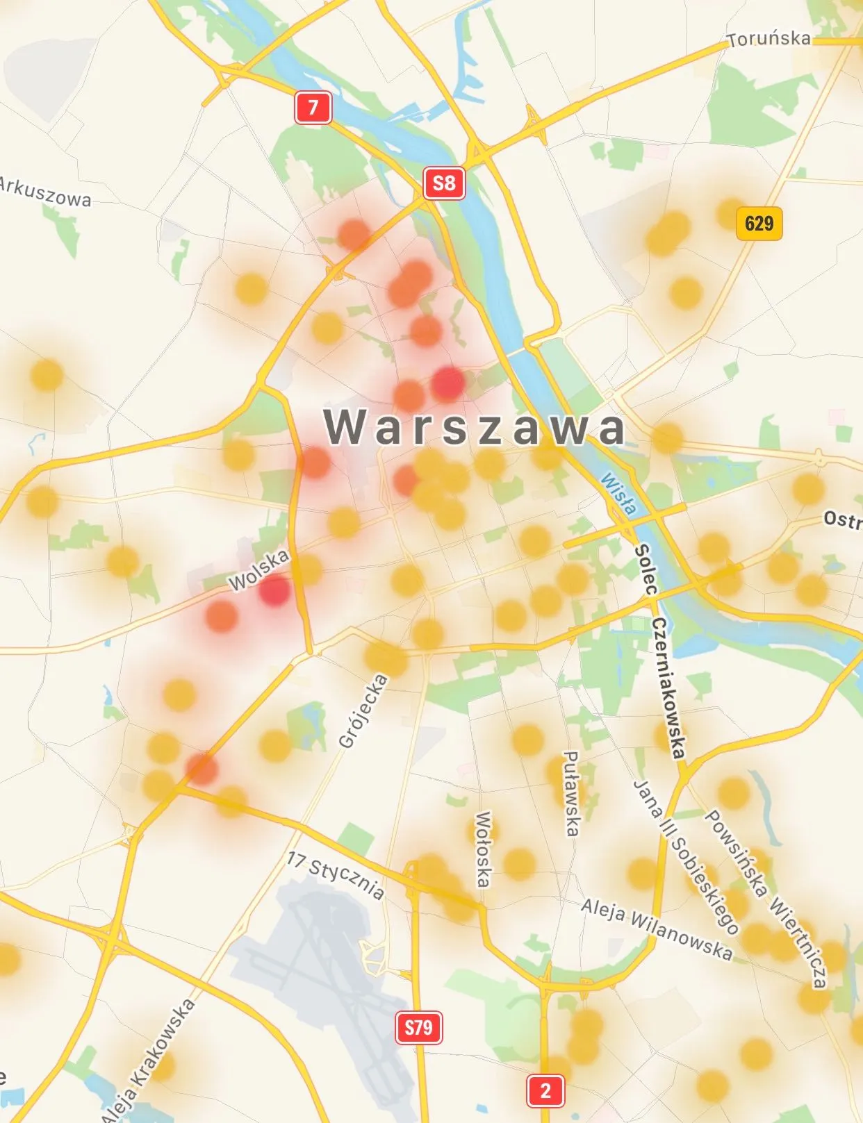 Mapa zanieczyszczenia powietrza nad Warszawą