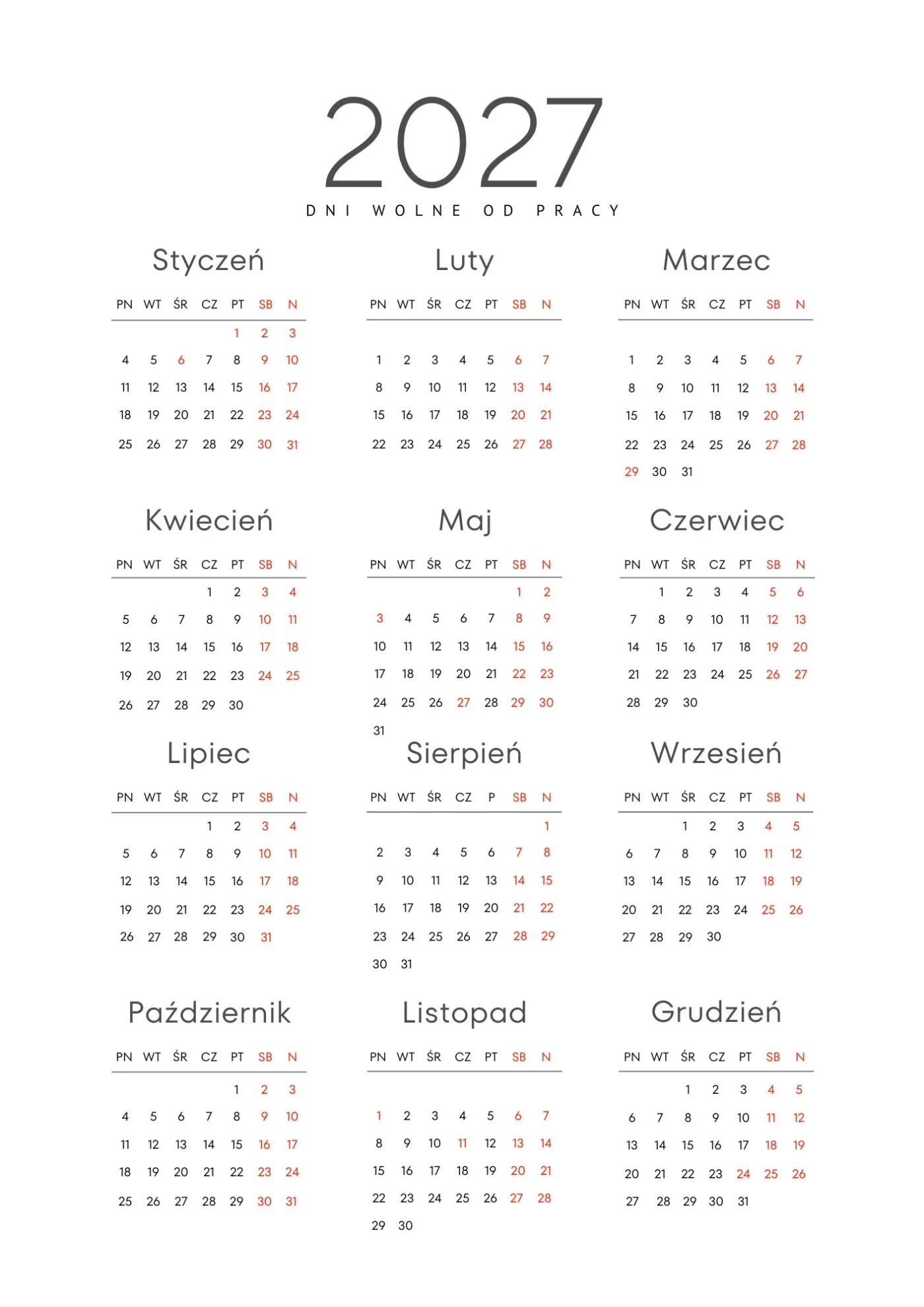 dni wolne od pracy w 2027 roku kalendarz