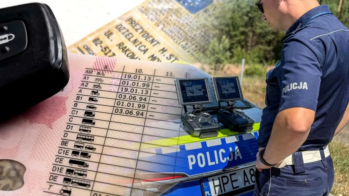 Prawo jazdy, policjant przy radiowozie ogląda obraz z dronów