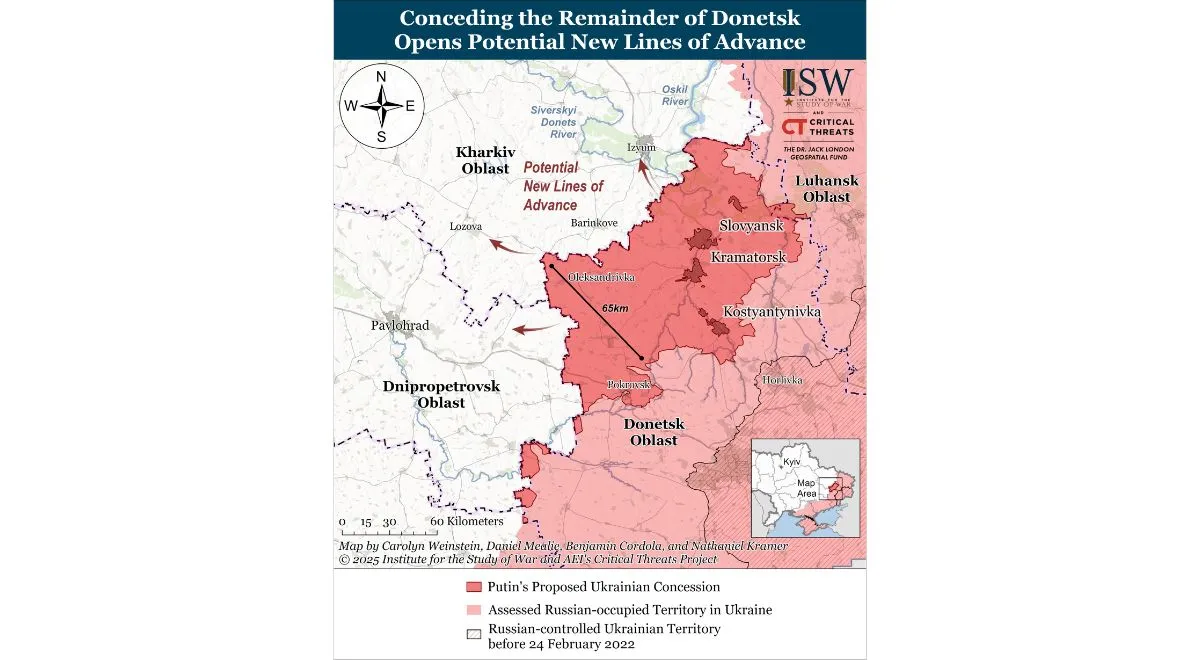 Zdobycie tzw. pasa twierdz to główny cel Rosjan (mapa ISW z lata 2025)