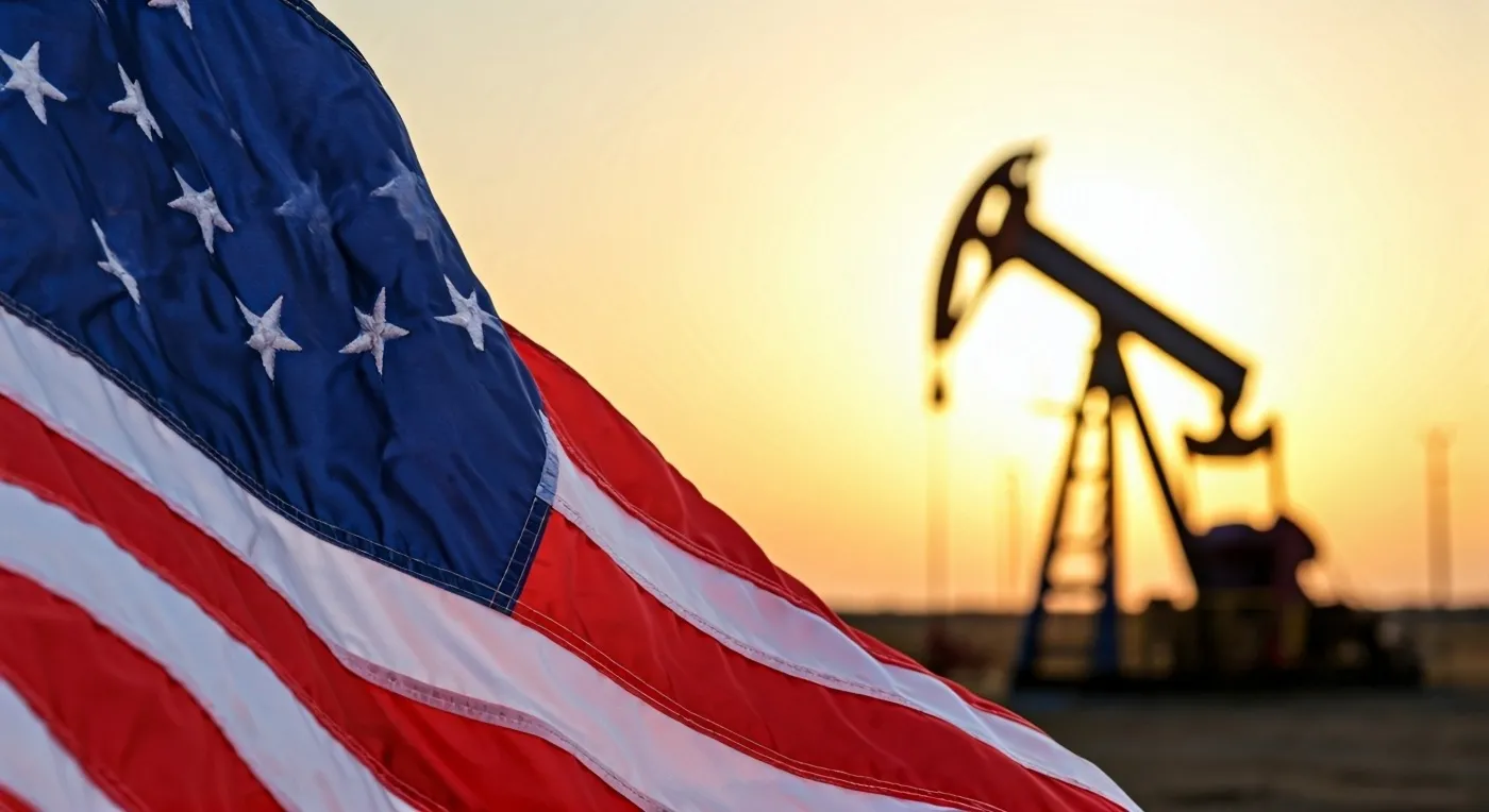 American,Flag,With,Oil,Pumpjack,Blurred,In,Background
