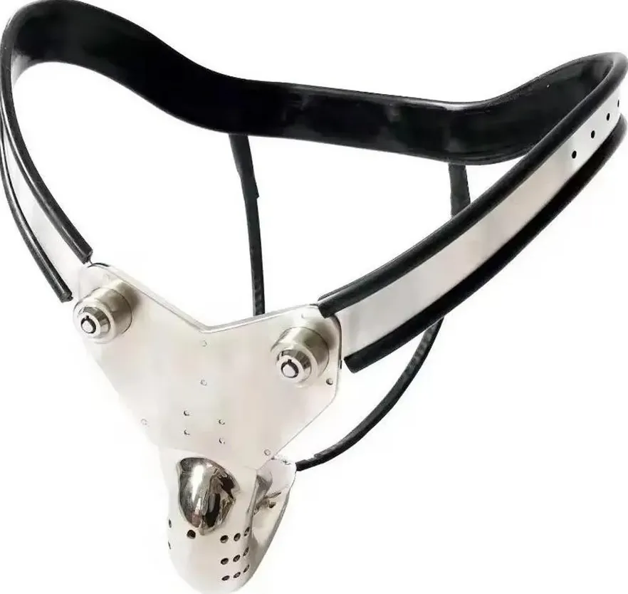 Metalowe urządzenie pas cnoty wykonane ze stali nierdzewnej z silikonowymi paskami i zapięciem, widok na białym tle