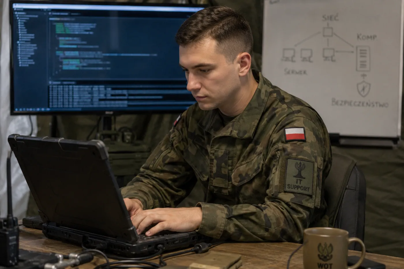 Polski żołnierz informatyk pracujący przy wojskowym laptopie w mobilnym centrum dowodzenia. Na ekranach widać kod i systemy cyberbezpieczeństwa, a wokół znajdują się urządzenia łączności i sprzęt wojskowy.