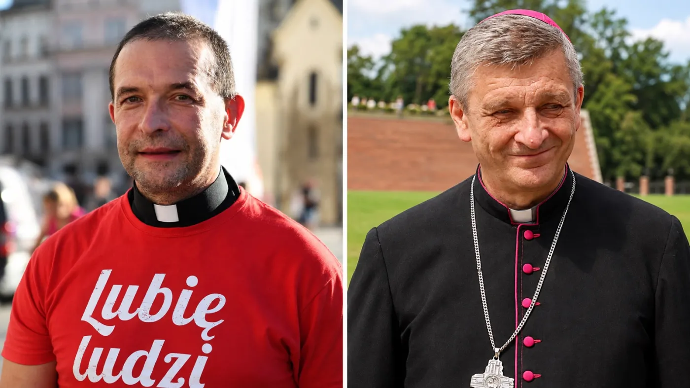 Kolaż portretów ks. Jacka Stryczka w czerwonej koszulce „Lubię ludzi” i bp. Romana Pindla w czarnej sutannie