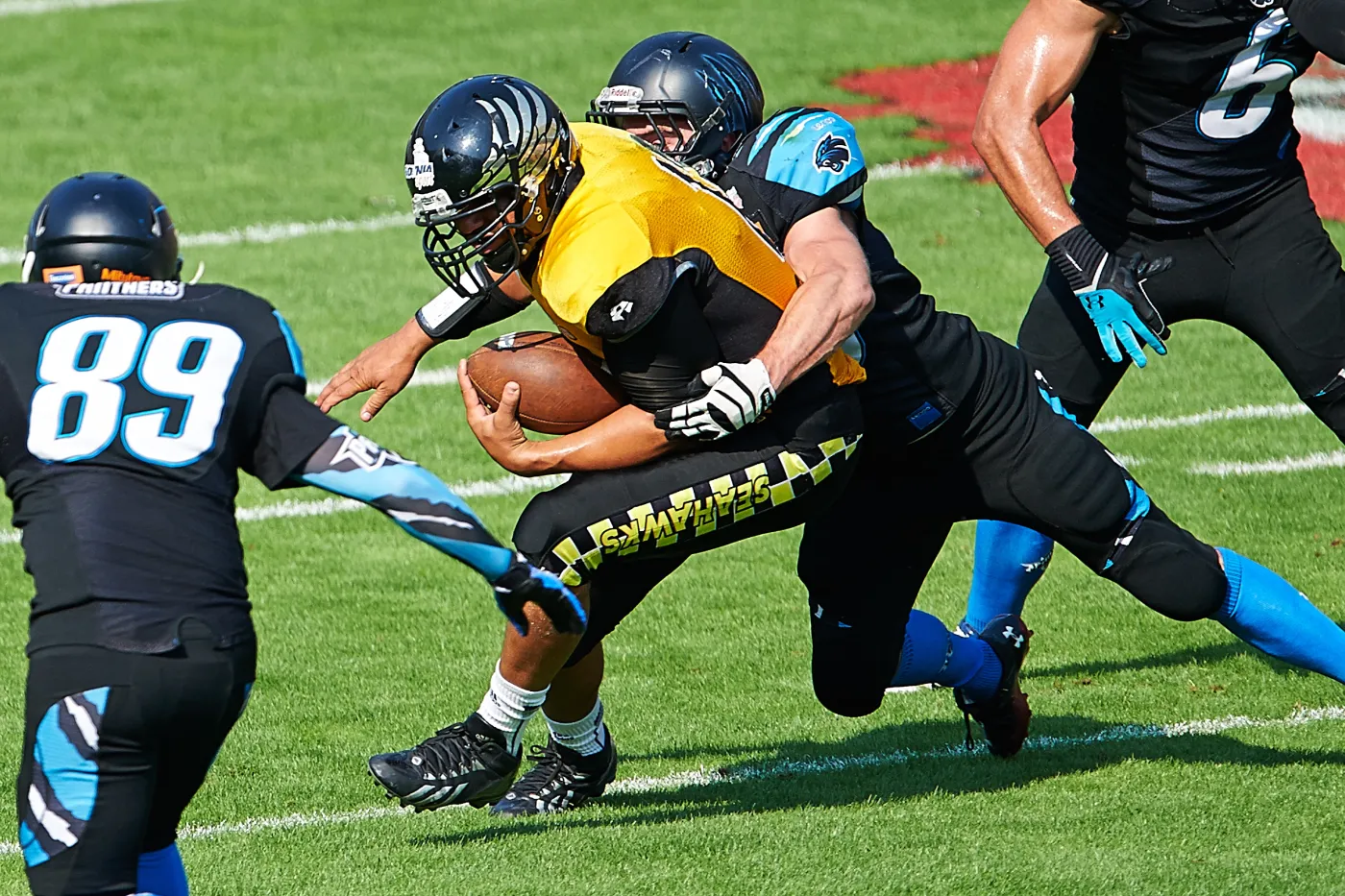 Fragment meczu SuperFinału Polskiej Ligi Futbolu Amerykańskiego pomiędzy miejscowymi Seahawks (żółto-czarne stroje) i Panthers Wrocław (czarno-niebieskie) w Gdyni