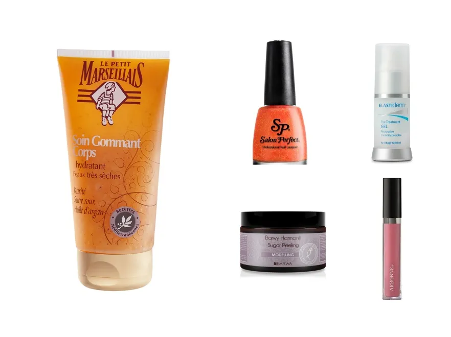 Le Petit Marseillais, cukrowy peeling do ciała, 19,99zł/150ml; Salon Perfect, lakier do paznokci, odcień Exploded, 18,99zł/14ml, Obagi, żel pod oczy Elastiderm, 250zł/15ml; Barwa, peeling cukrowy modelujący Barwy Harmonii, 29zł/250g; Arbonne, błyszczyk do ust, odcień Primrose 90zł/3,36ml