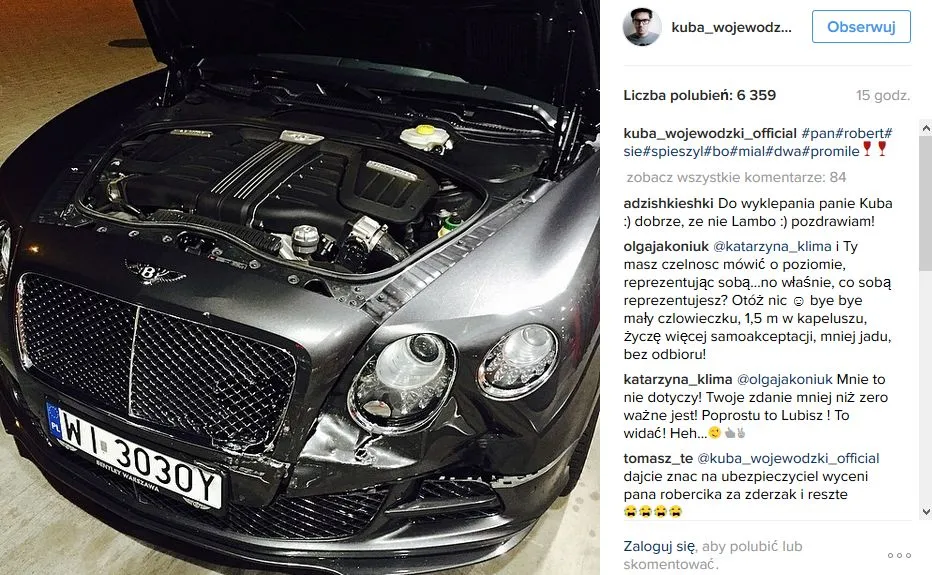 Kuba Wojewódzki nie nacieszył się nowym bentelyem. Wjechał w niego pijany kierowca [FOTO]