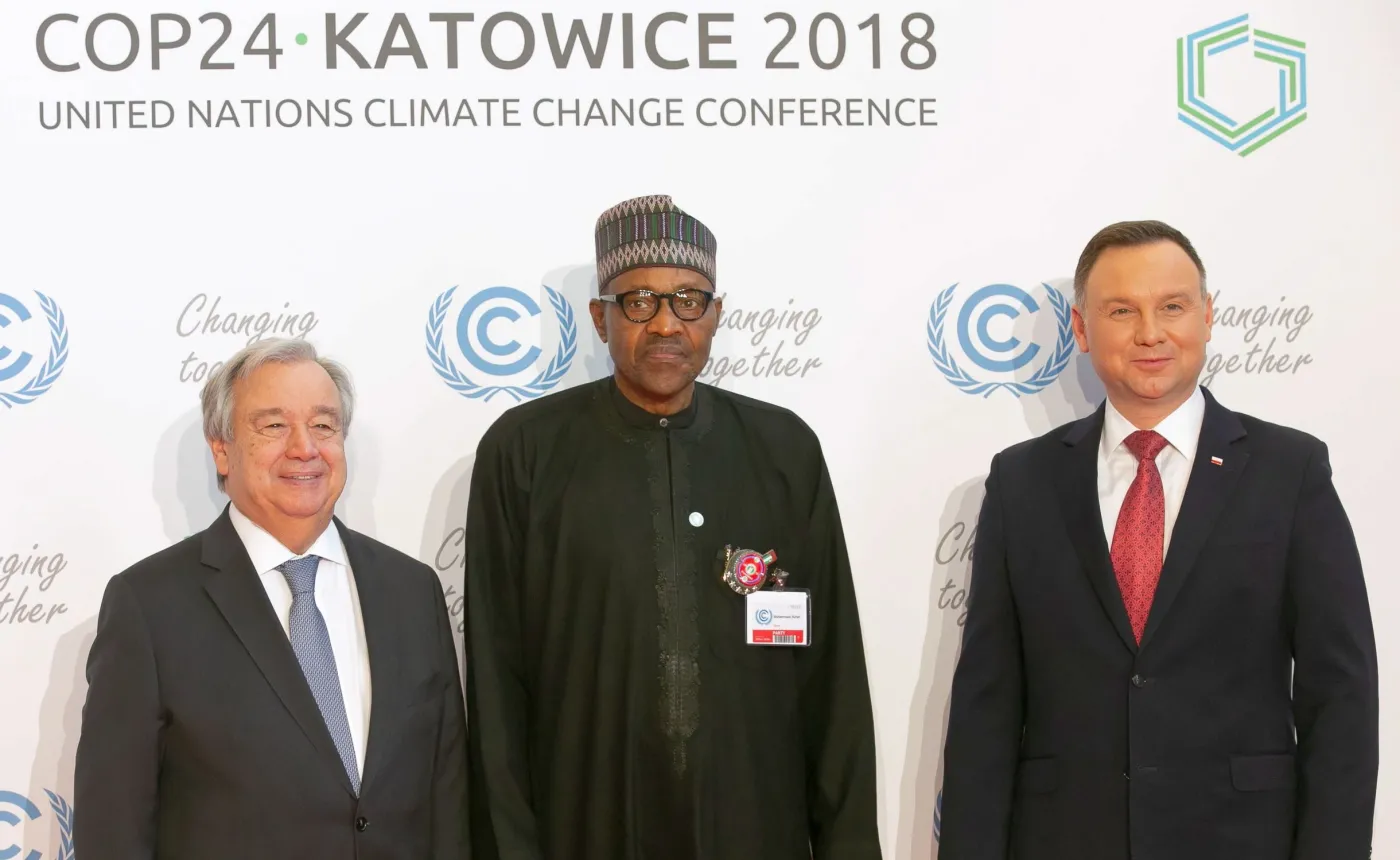 Prezydent Andrzej Duda (P), sekretarz generalny ONZ Antonio Guterres (L) i prezydent Nigerii Muhammadu Buhari (C) 