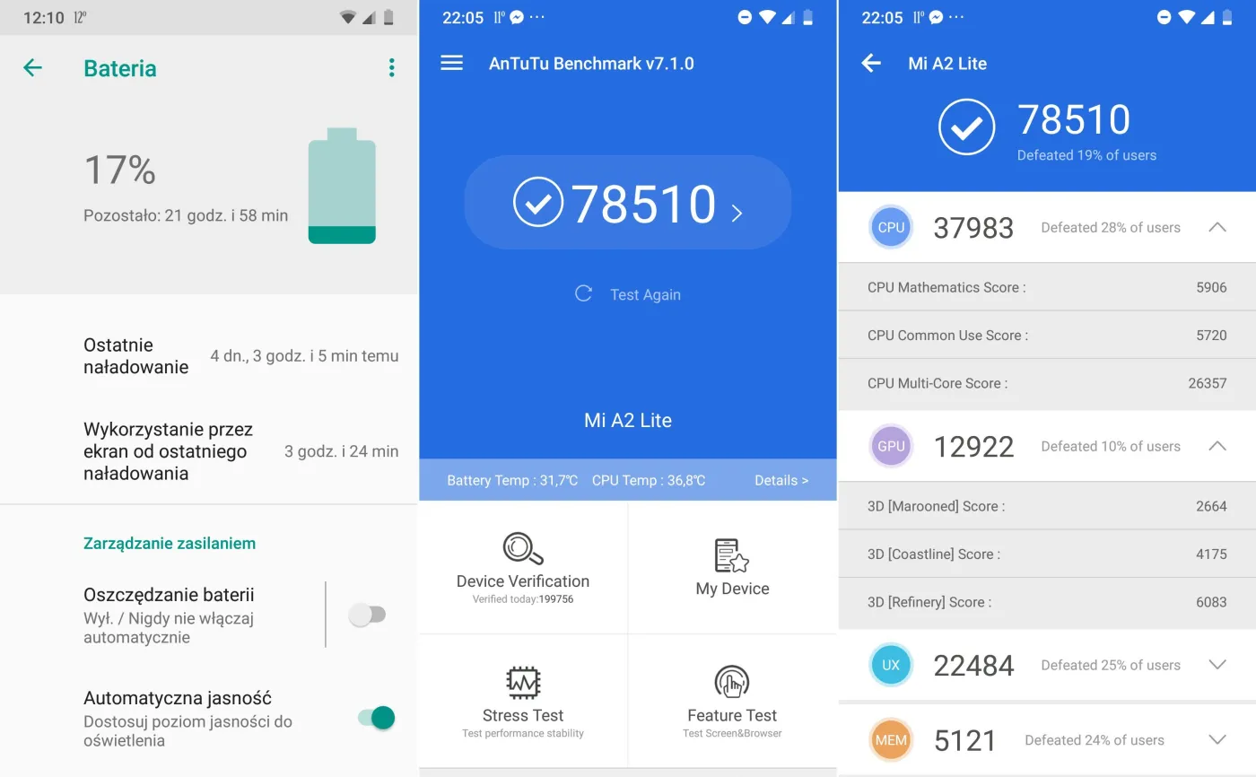 Xiaomi Mi A2 Lite - AnTuTu Benchmark, czas pracy na baterii 