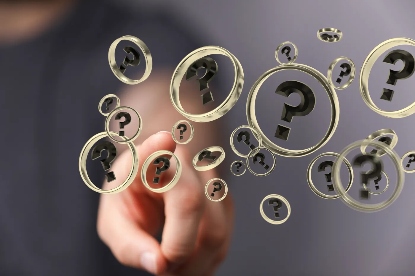 A,3d,Rendering,Of,Golden,Floating,Question,Marks,In,Circles