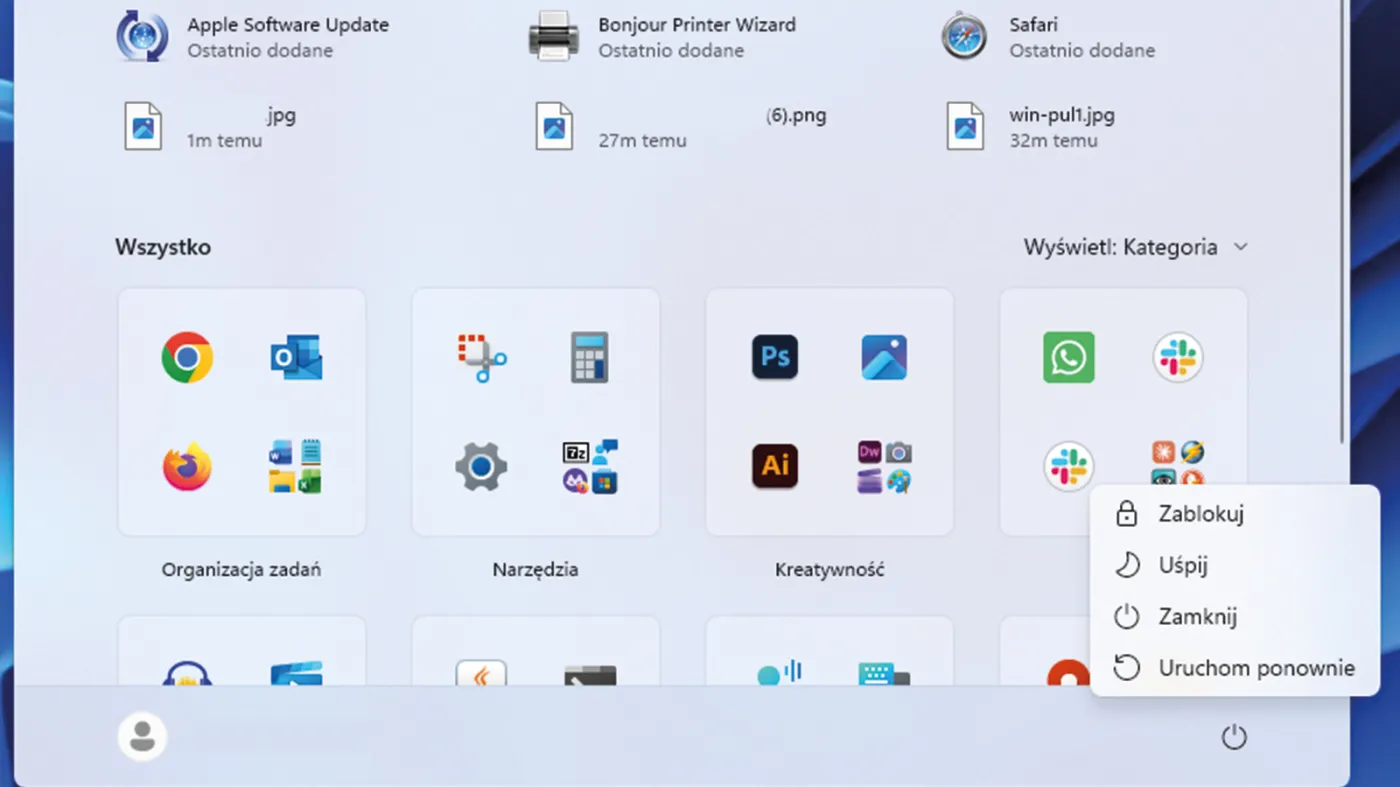 Panel Windows 11, zamykanie, restart