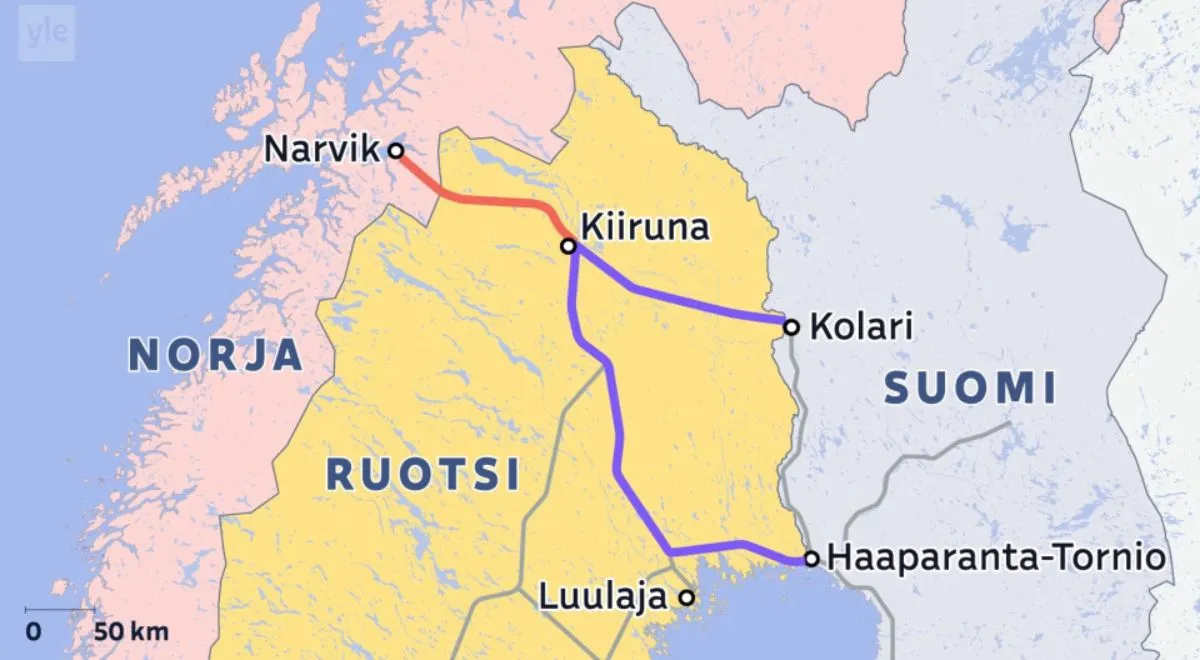 Plan linii kolejowej z Narwiku do Finlandii