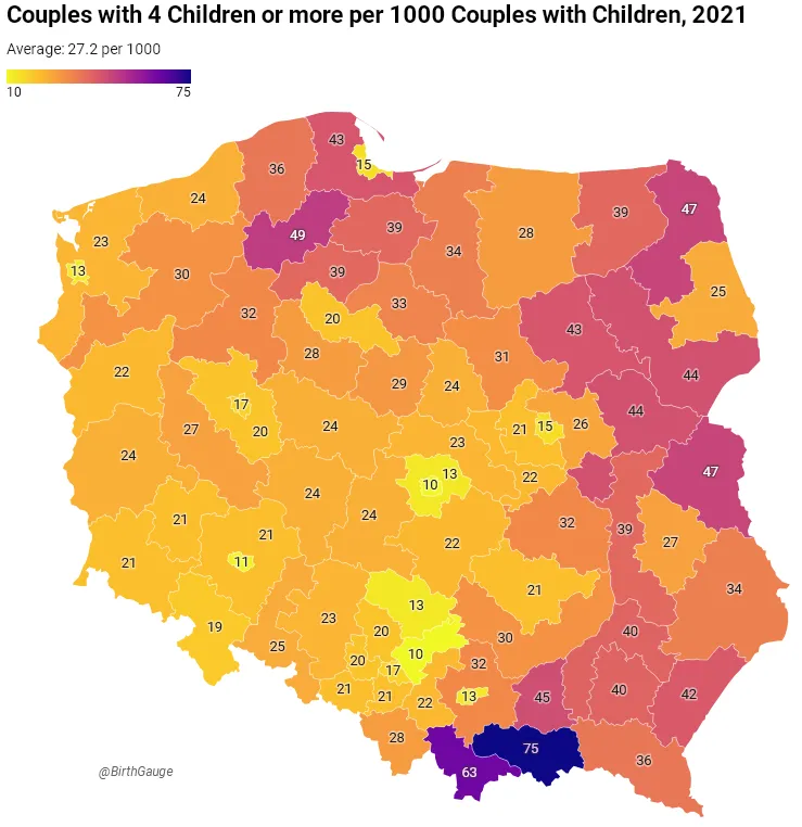 Rodziny wielodzietne to najczęściej domena mieszkańców Podhala. Wysoko znajdują się także Kaszubi oraz osoby zamieszkujące wschodnią Polskę.