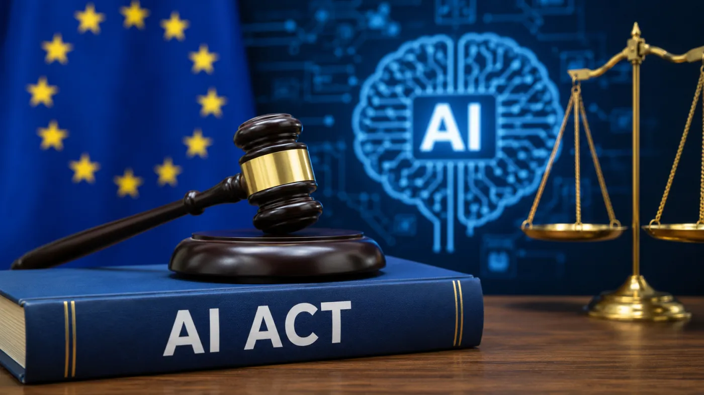 Młotek sędziowski leżący na publikacji dotyczącej AI Act, na tle flagi Unii Europejskiej, symbolu sztucznej inteligencji oraz wagi sprawiedliwości. Grafika przedstawia unijne regulacje dotyczące sztucznej inteligencji i nadzór prawny nad rozwojem technologii AI.