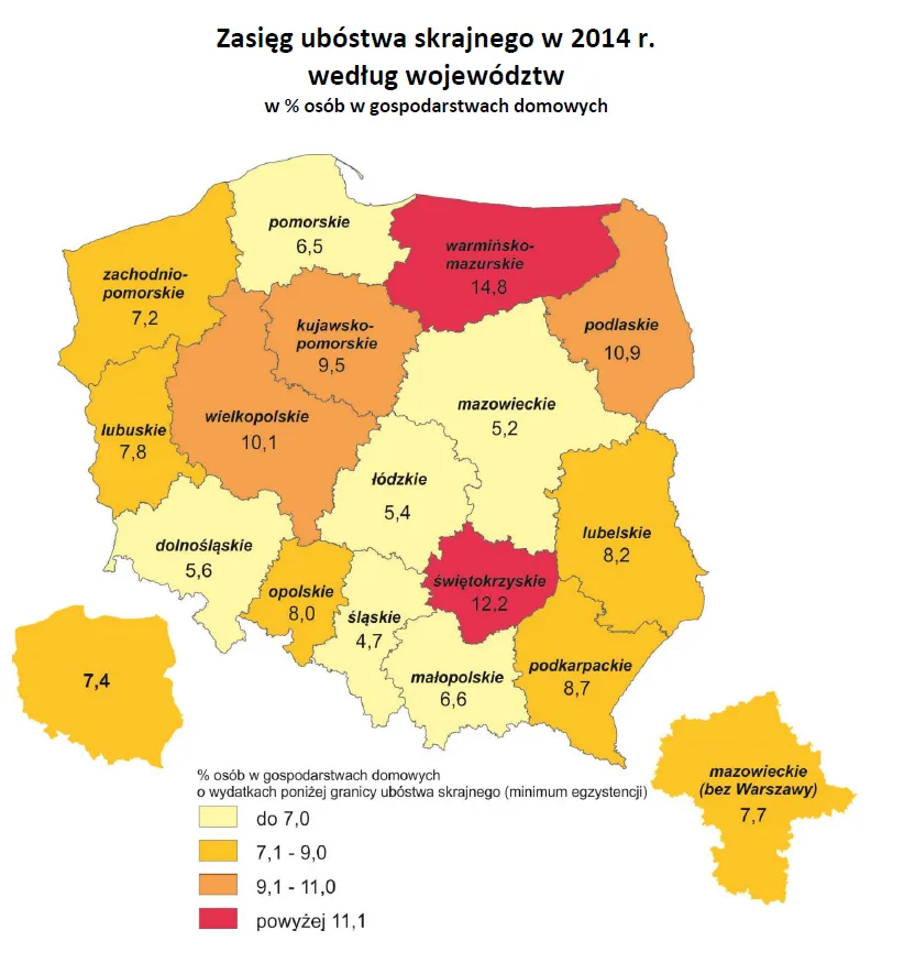 Zasięg ubóstwa skrajnego wg województw, źródło: GUS