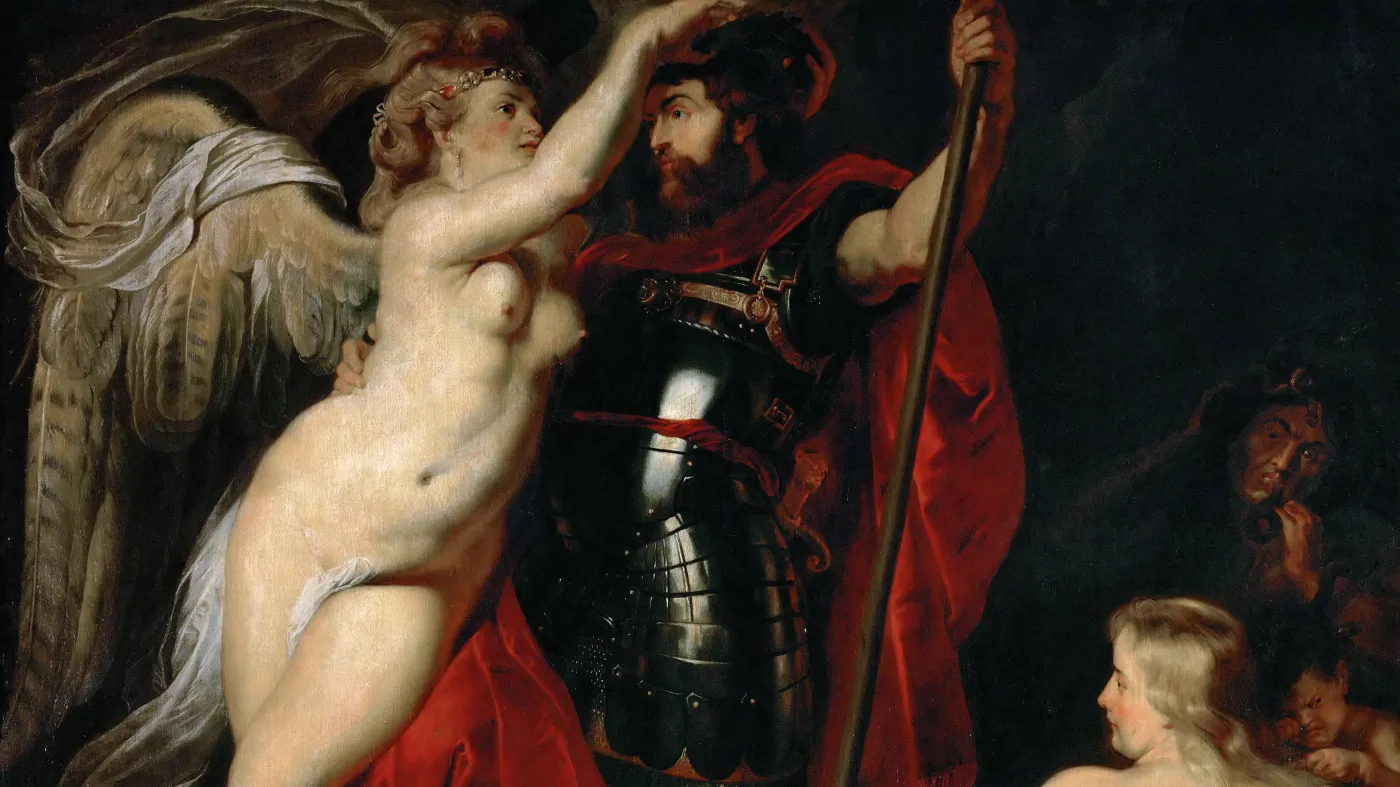 The Hero of Virtue (Mars), is garlanded by the Goddess of Victory, ca 1616. Found in the Collection of Dresden State Art Collections.