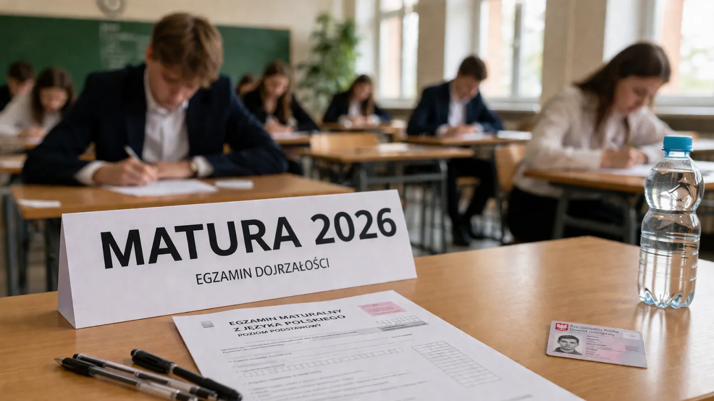 Zdjęcie przedstawia salę egzaminacyjną podczas matury 2026 – na pierwszym planie widoczna jest kartka z napisem „Matura 2026” oraz arkusz egzaminacyjny i długopis na ławce, natomiast w tle, lekko rozmyci, uczniowie w formalnych strojach piszą test w szkolnej klasie.