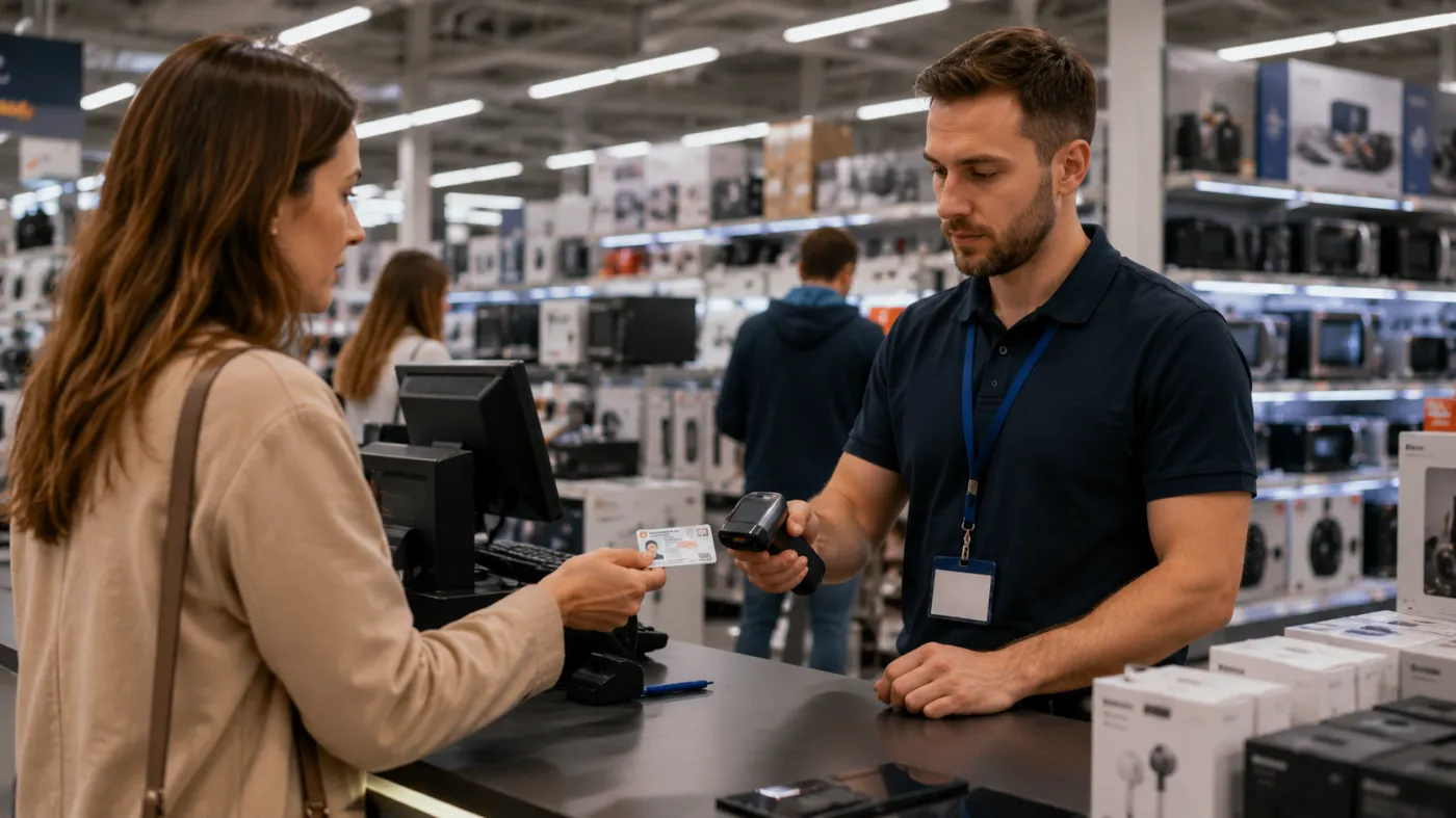 Klientka podczas zakupów w sklepie elektronicznym okazuje dokument tożsamości pracownikowi przy kasie. Zdjęcie ilustruje planowane unijne przepisy dotyczące dodatkowej weryfikacji klientów przy wybranych transakcjach o wyższej wartości