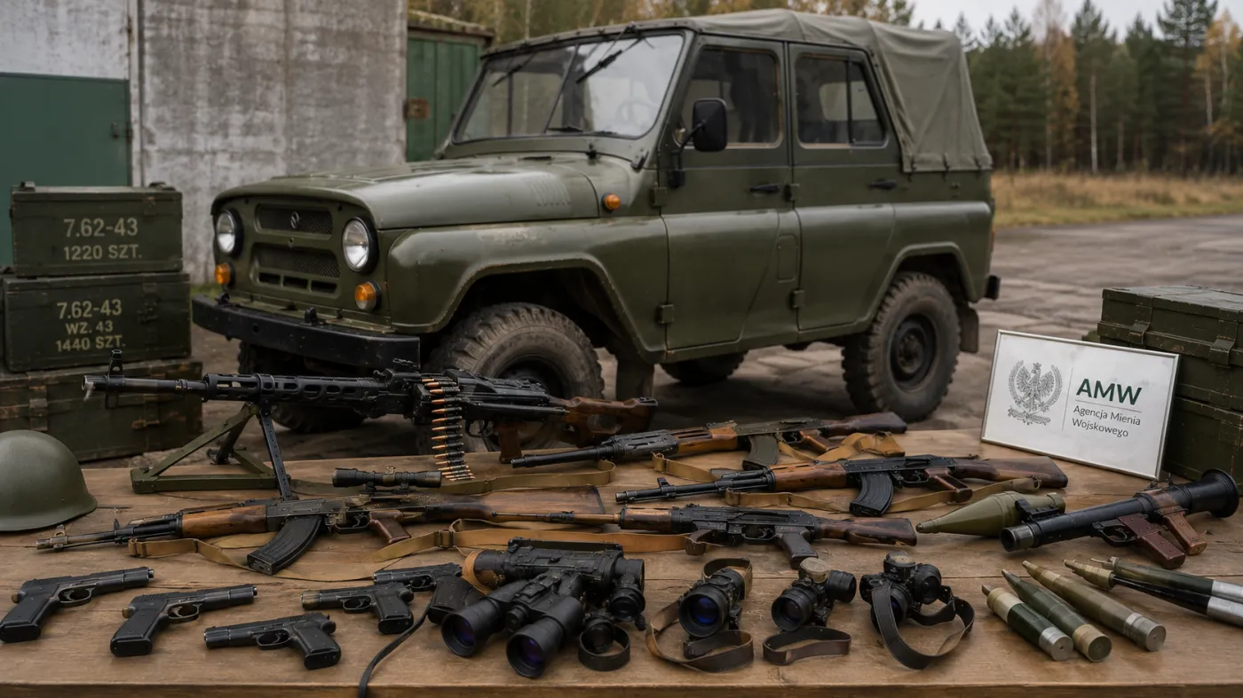 Wojskowy UAZ zaparkowany obok stołu z rozłożoną bronią strzelecką, optyką, amunicją i wyposażeniem wojskowym. Zdjęcie poglądowe sprzętu z zasobów Agencji Mienia Wojskowego