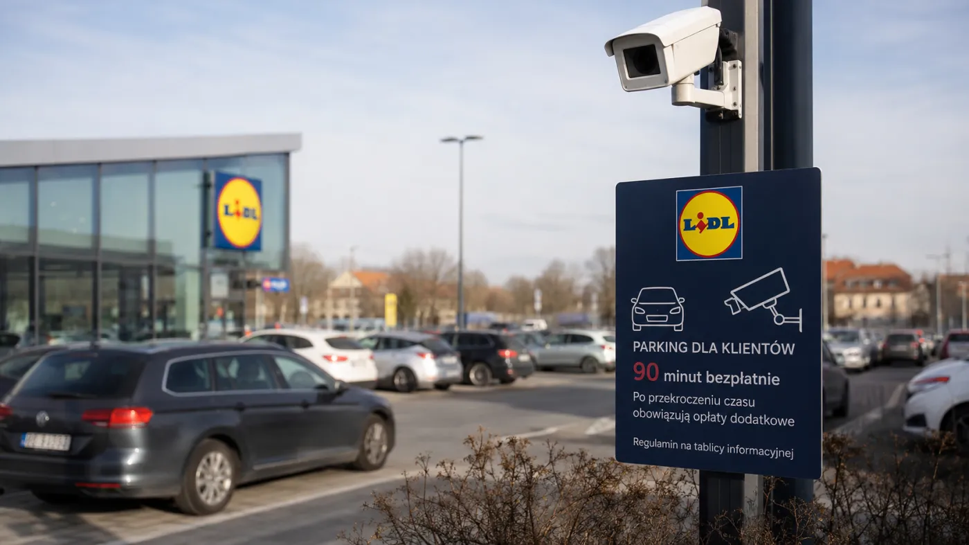 Parking przy sklepie wielkopowierzchniowym wyposażony w system monitoringu. Na pierwszym planie kamera odczytująca tablice rejestracyjne oraz tablica informacyjna dotycząca zasad parkowania. W tle zaparkowane samochody i budynek marketu.