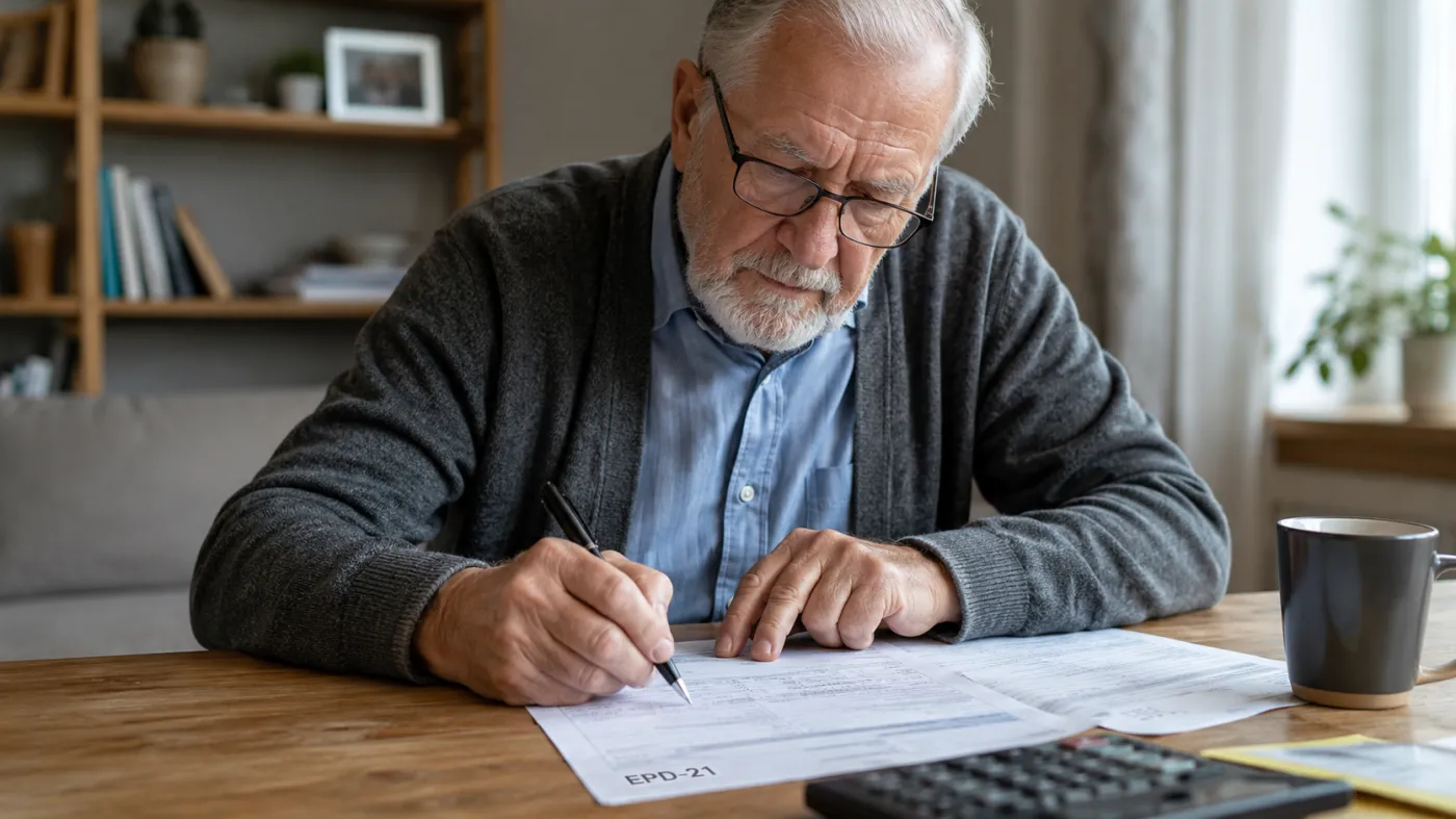 Starszy mężczyzna siedzi przy stole w domu i wypełnia formularz urzędowy. Senior pochylony nad dokumentami zapisuje dane długopisem, obok leżą kalkulator i notatki. Scena przedstawia załatwianie spraw związanych z emeryturą lub świadczeniami z ZUS.