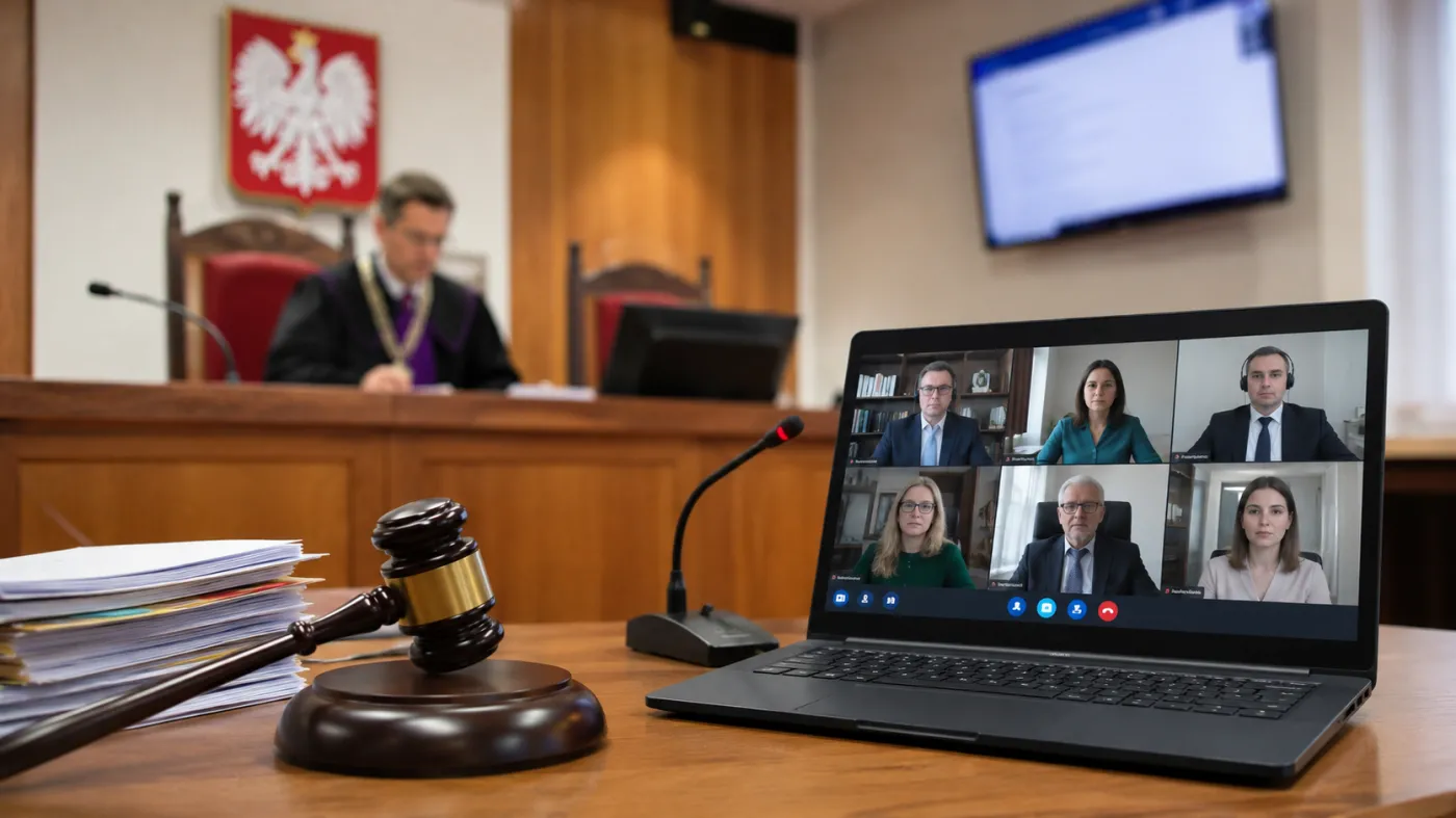 Rozprawa zdalna w polskim sądzie. Na pierwszym planie laptop z uczestnikami połączonymi online, obok młotek sędziowski i dokumenty. W tle sala rozpraw z sędzią prowadzącym posiedzenie. Koncepcja cyfryzacji wymiaru sprawiedliwości i e-rozpraw w sądach.