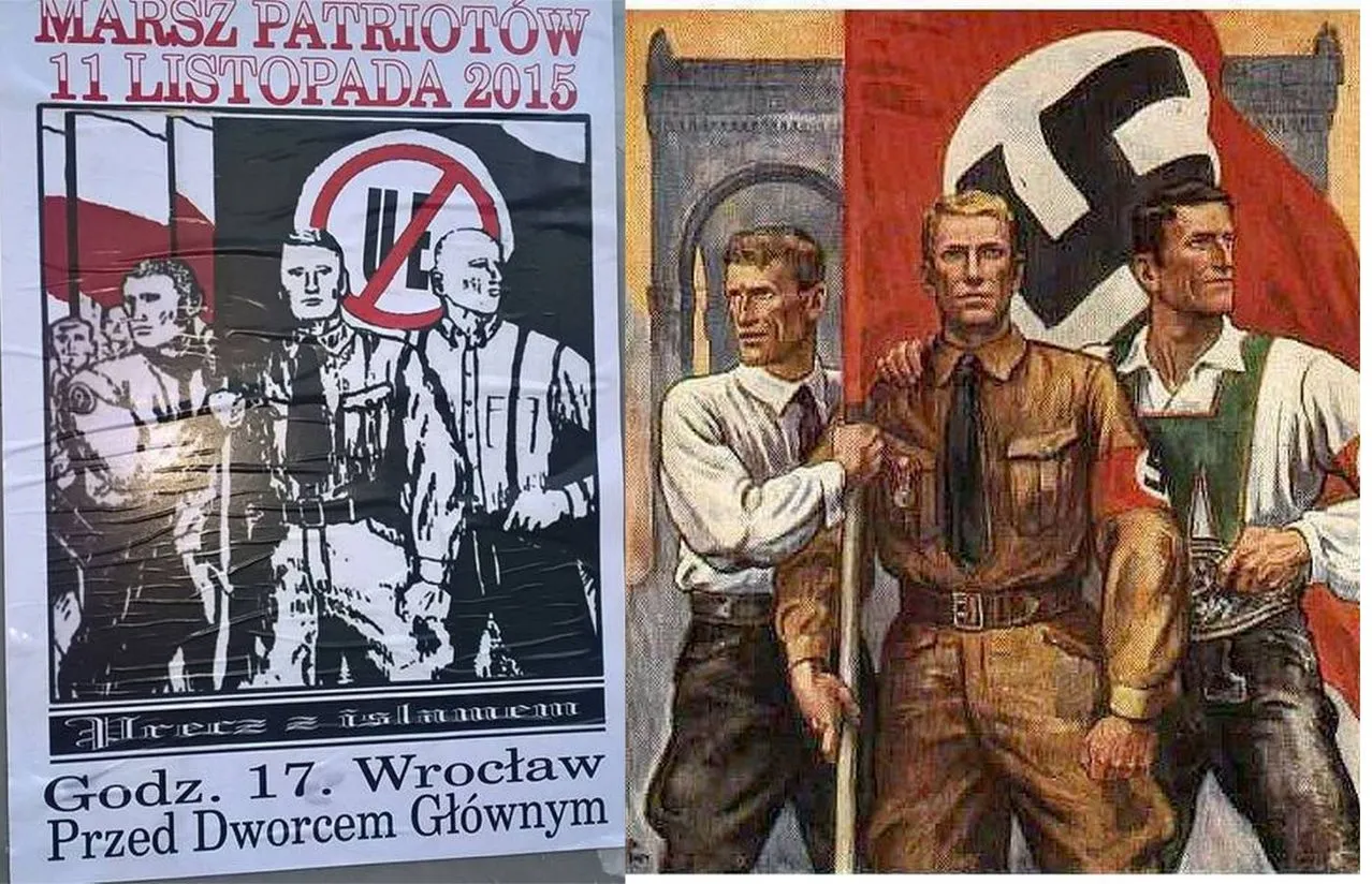 Dwa plakaty - współczesny i nazistowski. Po lewej plakat Marszu Patriotów, po prawej afisz również patriotów, tylko że nieco innych