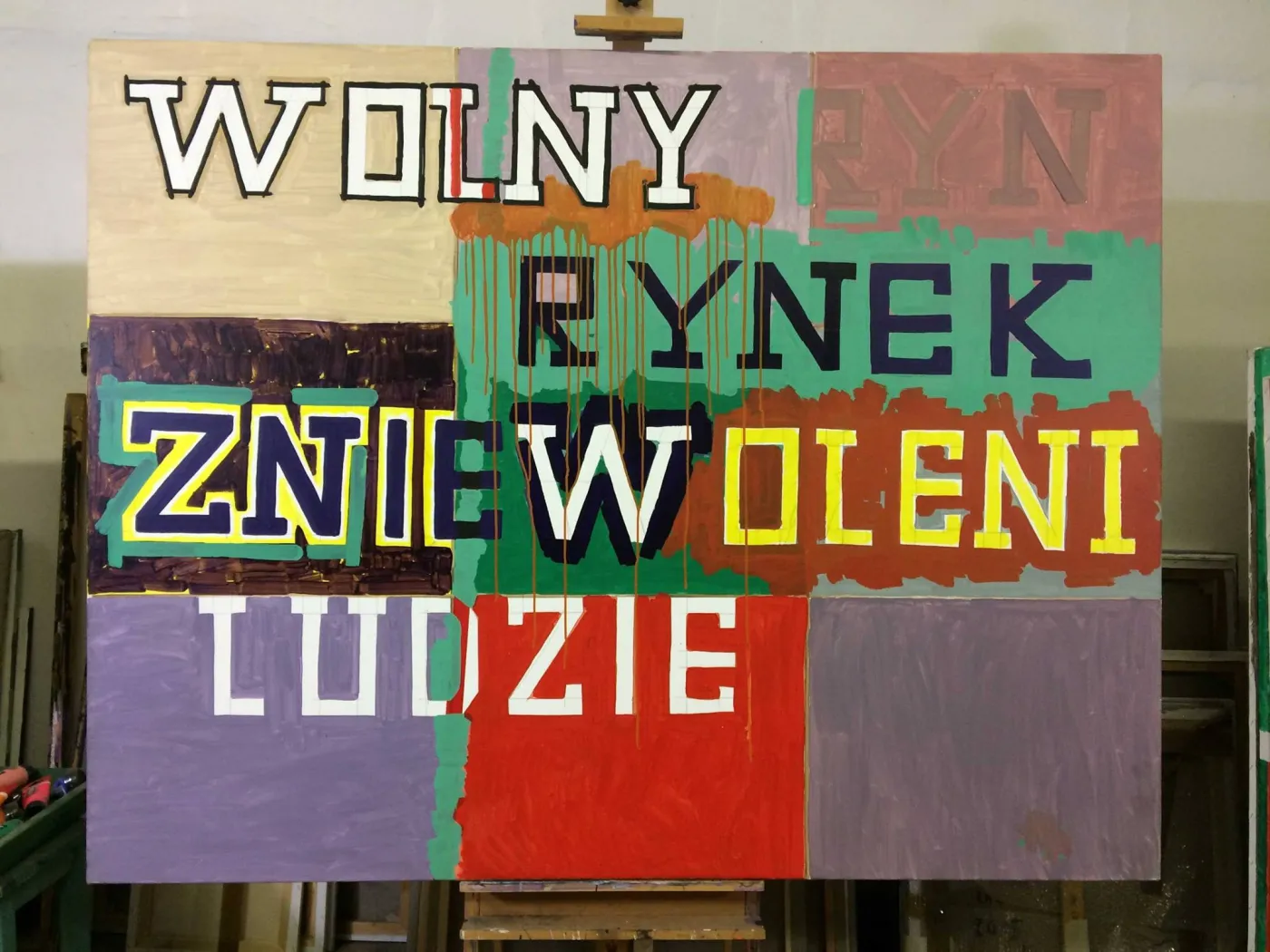 Ryszard Grzyb, Wolny rynek zniewoleni ludzie, 2004, akryl, płótno, 140 x 180 cm
