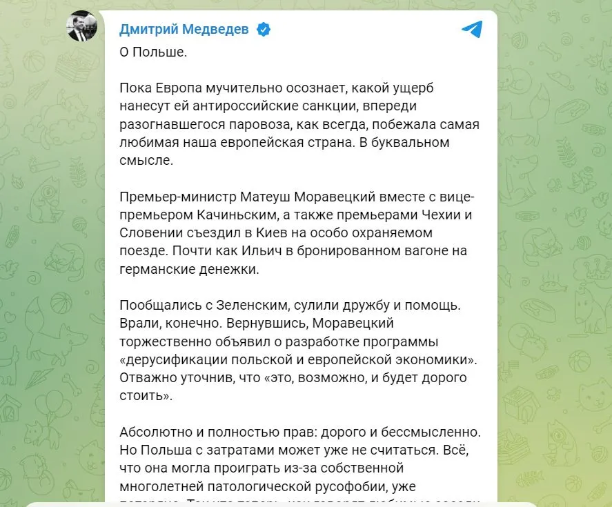 Wpis Miedwiediewa w serwisie Telegram