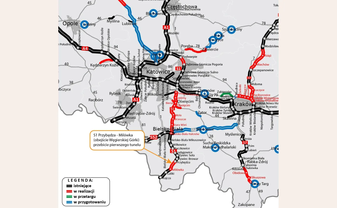 Mapa prezentująca tunel na drodze ekspresowej S1