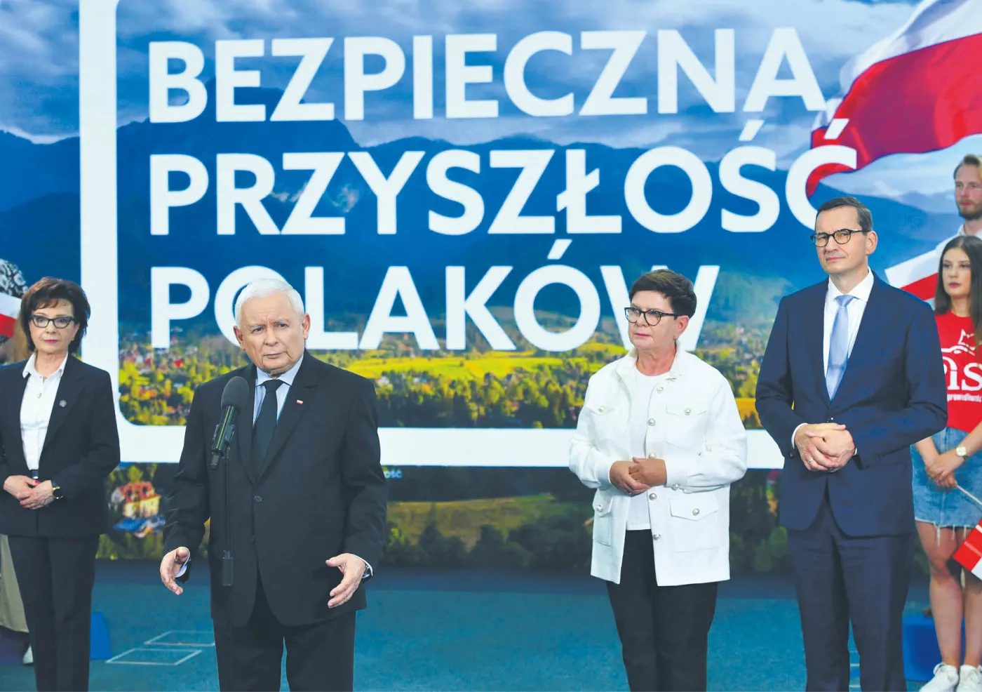 Elżbieta Witek, Jarosław Kaczyński, Beata Szydło i Mateusz Morawiecki, podczas prezentacji hasła wyborczego Zjednoczonej Prawicy